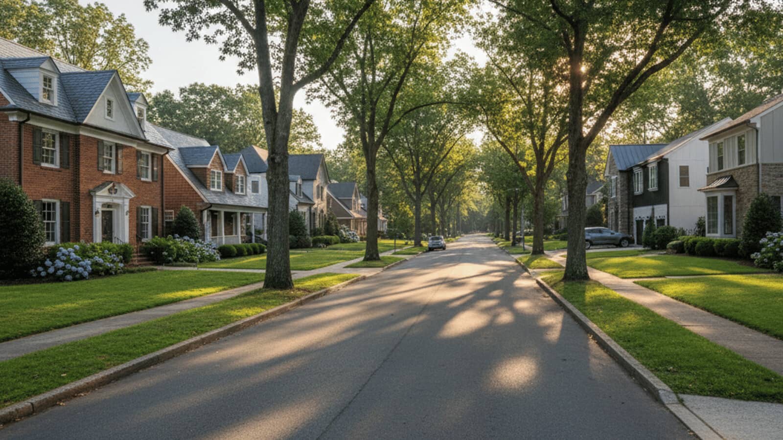 A quiet, tree-lined street of homes at golden hour